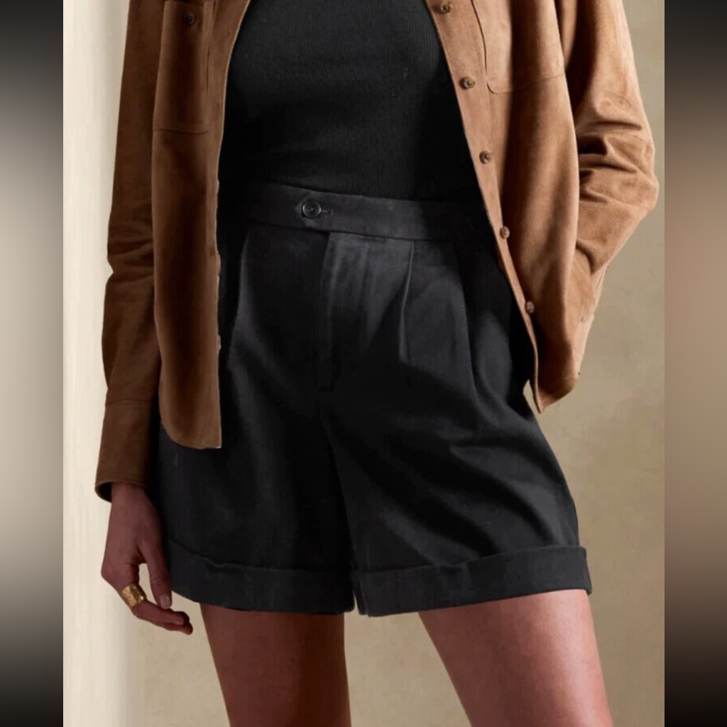 Nwt Banana Republic High Waist Black Cotton The Adventure Pleated Shorts
